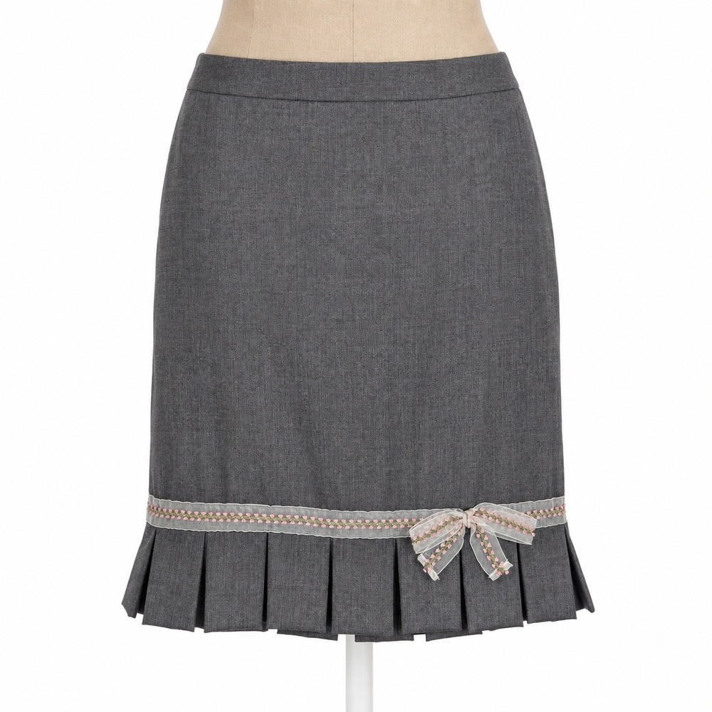 Preppy 100% Wool Pleated Hem Bow Skirt Size 0 Gray Coquette Ivy Academia Twee